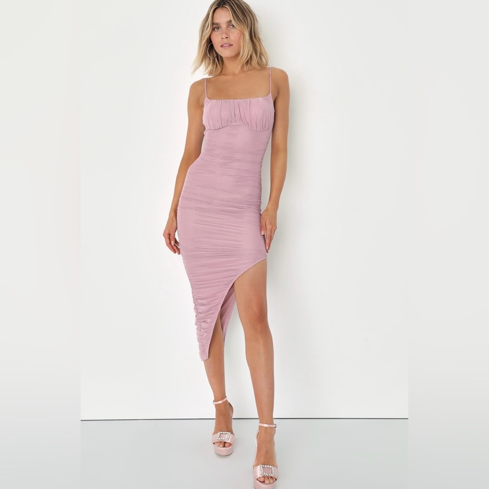 Lulus Sultry Impulse Mauve Pink Asymmetrical Ruched Midi Cocktail Dress NWT L/XL